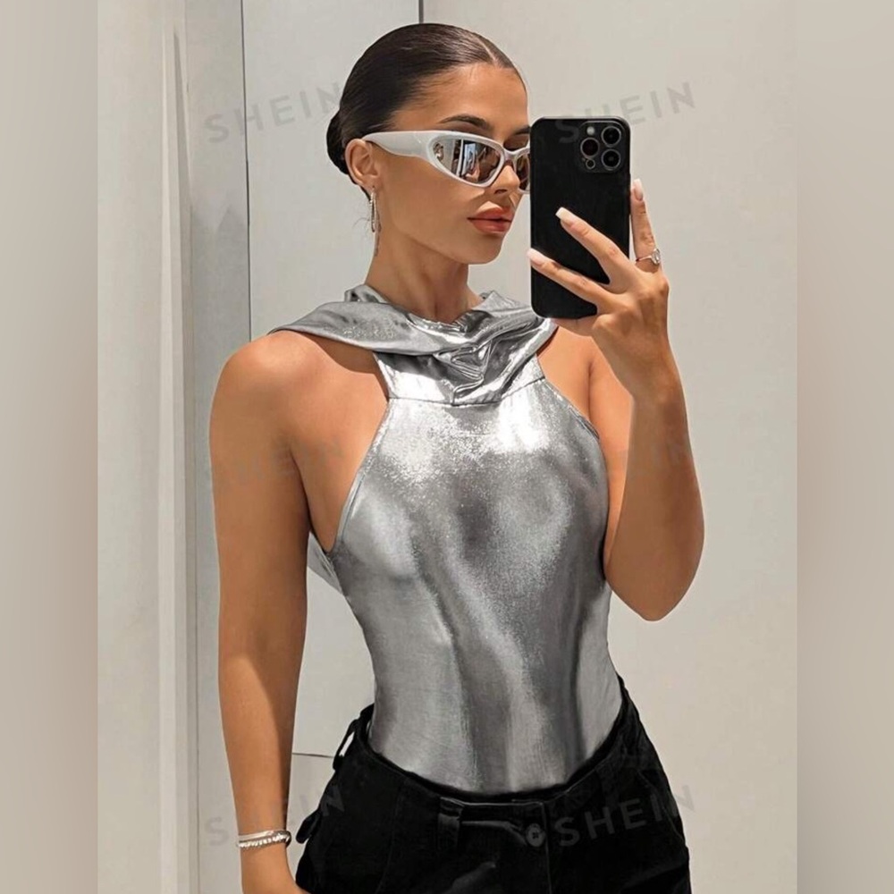 Shein small ICON Silver Hooded Silver Metallic bodysuit tank. Never worn.